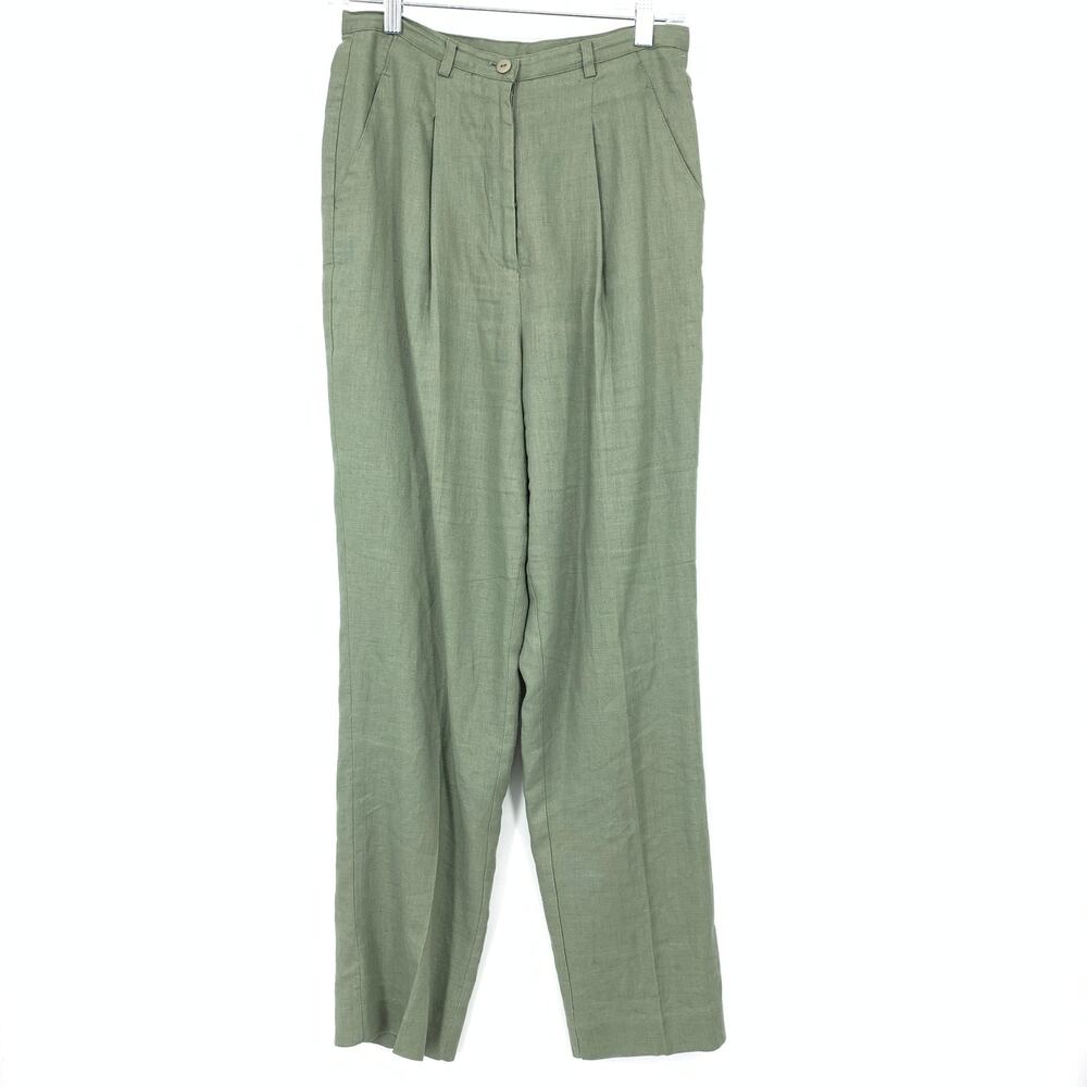 Vintage 90s Sage Green Linen High Waist Pants Women Size 27" Lined Tapered Leg